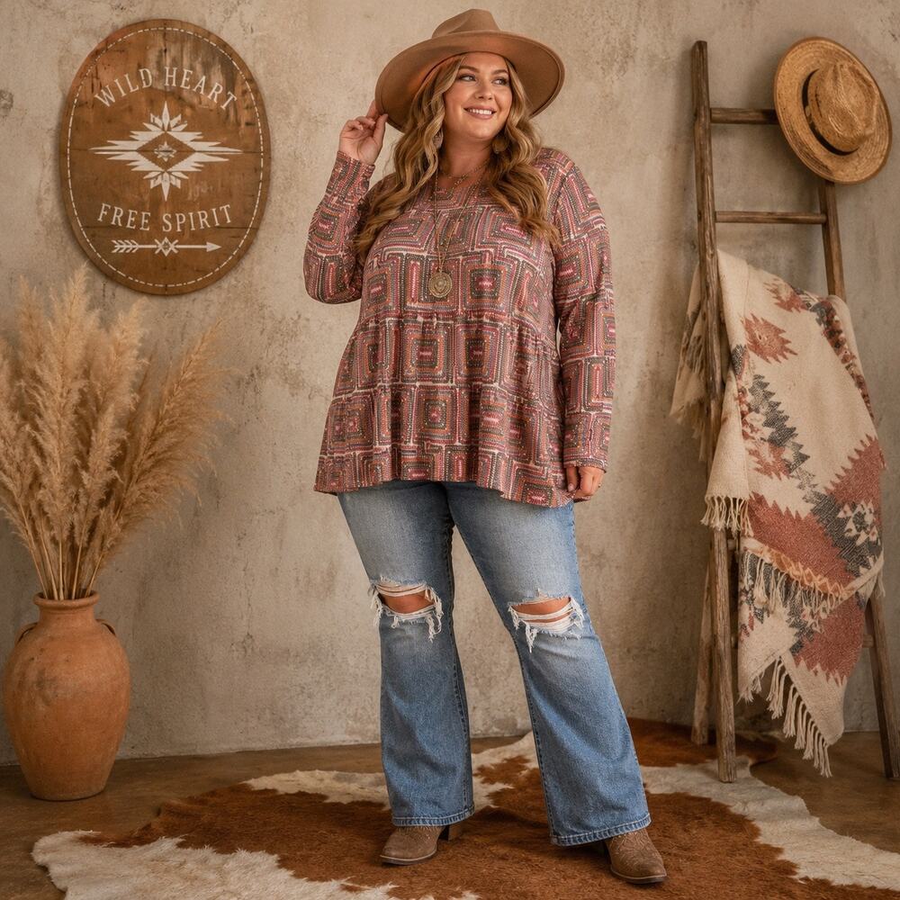 Heimish USA Babydoll Boho Print Long Sleeve Flowy Top Women’s 2X